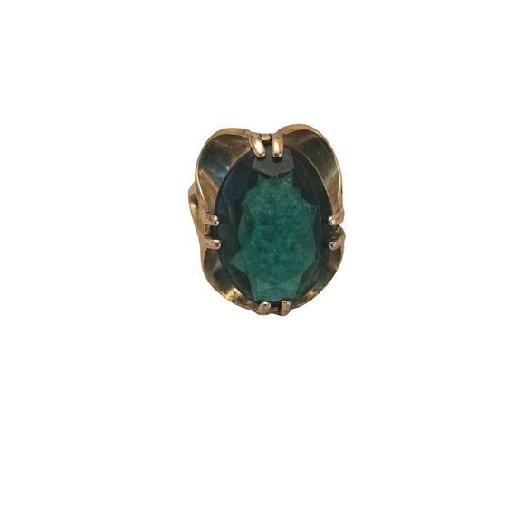 Vintage 18K Gold Electroplated Ring  Large Emerald Cut Green Glass Statement - Picture 2 of 11